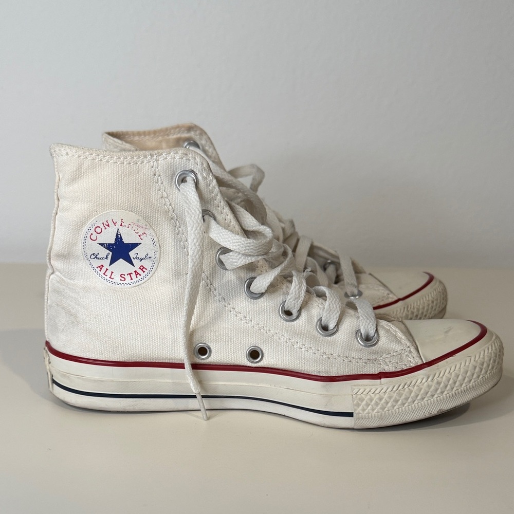 Converse All Star Chuck Taylor White High-Top Sneakers with Red and Blue Accents